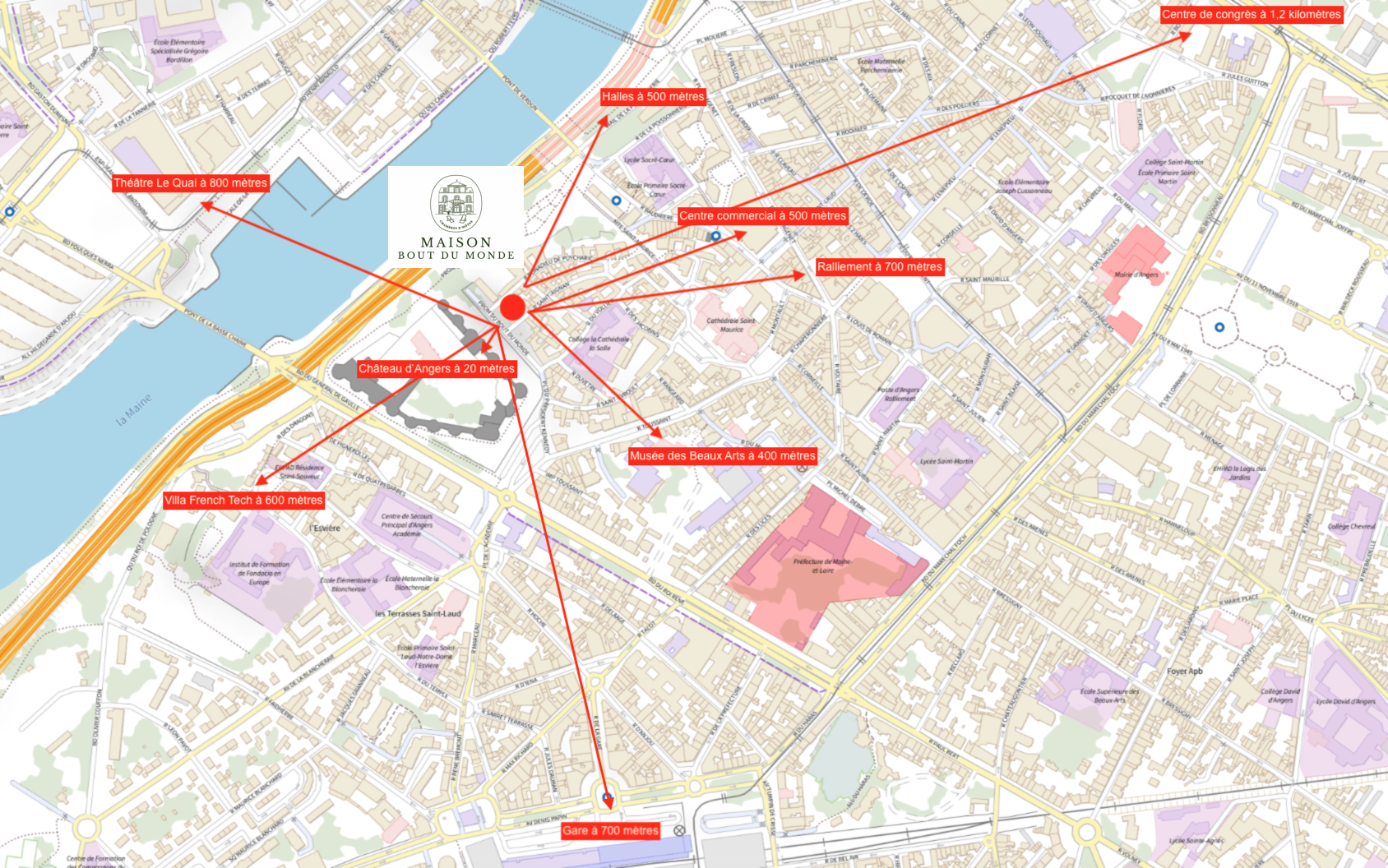 Maison Bout du monde château Angers, le plan de situation Angers centre-ville